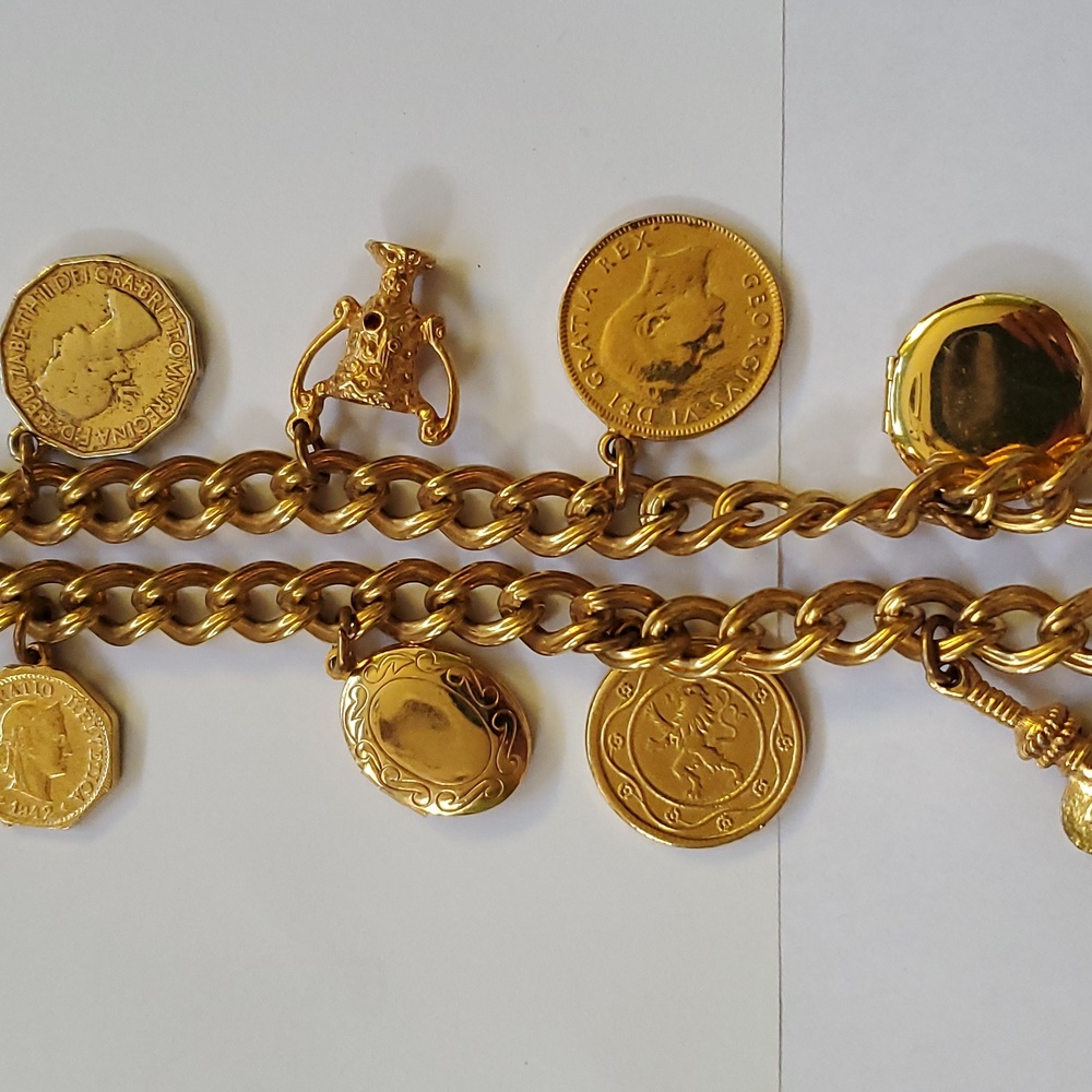 Goldtone Roman Coins & Charms Necklace 16" - Picture 7 of 9